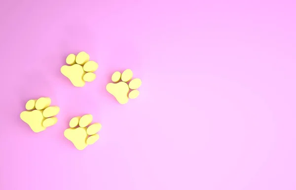 Icono de impresión de pata amarilla aislado sobre fondo rosa. Huella de pata de perro o gato. Rastreo animal. Concepto minimalista. 3D ilustración 3D render — Foto de Stock