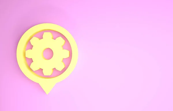 Значок налаштування жовтого кольору ізольовано на рожевому фоні. Інструменти, сервіс, конус, шестерня, колісний знак. Концепція мінімалізму. 3D ілюстрація 3D рендеринга — стокове фото