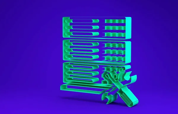 Servidor de base de datos verde con destornillador e icono de llave inglesa aislado sobre fondo azul. Ajuste, servicio, ajuste, mantenimiento, reparación, fijación. Concepto minimalista. 3D ilustración 3D render — Foto de Stock