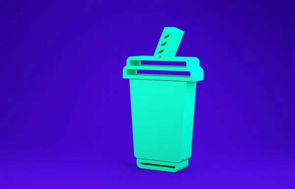 Vidro verde com ícone de água isolado no fundo azul. Copo de bebida com palha de bebida. Símbolo da bebida fresca fria. Conceito de minimalismo. 3D ilustração 3D render — Fotografia de Stock