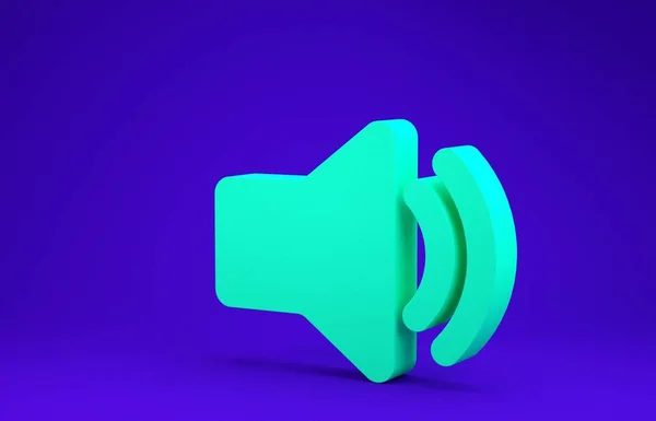 Grünes Lautsprecherlautstärkesymbol - Audio-Sprachton-Symbol, Medienmusik-Symbol isoliert auf blauem Hintergrund. Minimalismus-Konzept. 3D Illustration 3D Renderer — Stockfoto