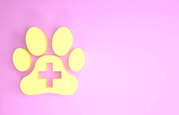 Gul veterinär klinik symbol ikon isolerad på rosa bakgrund. Korsa sjukhusskylten. En stiliserad tass tryck hund eller katt. Första hjälpen-skylten. Minimalistiskt koncept. 3D-illustration 3D-återgivning — Stockfoto