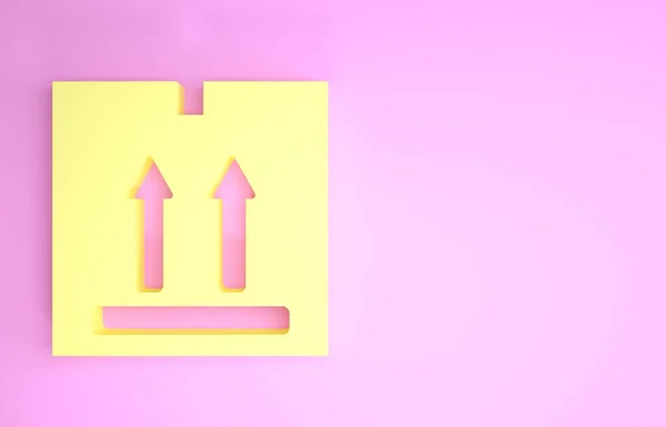 Caixa de papelão amarelo com ícone de símbolo de tráfego isolado no fundo rosa. Caixa, pacote, sinal de encomenda. Entrega, transporte e transporte. Conceito de minimalismo. 3D ilustração 3D render — Fotografia de Stock