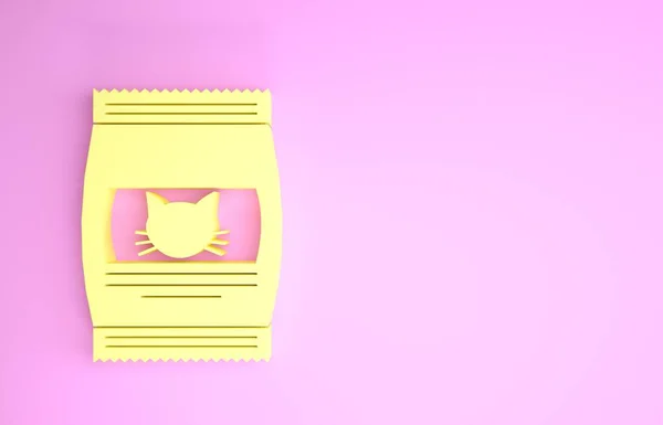 Yellow Bag of food for cat icon isolated on pink background. Food for animals. Pet food package. Minimalism concept. 3d illustration 3D render — Stock Photo, Image