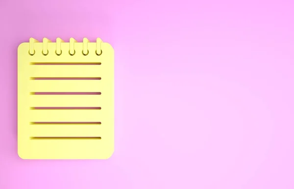Gul bärbar ikon isolerad på rosa bakgrund. Spiral anteckningsblock ikon. Skrivblock. Dagbok för företag. Bärbar omslagsdesign. Minimalistiskt koncept. 3D-illustration 3D-återgivning — Stockfoto