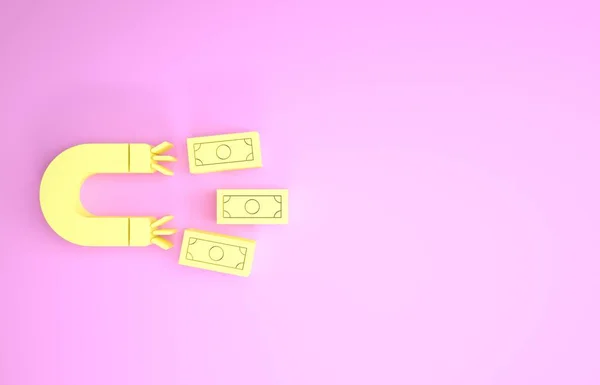 Imán amarillo con icono de dinero aislado sobre fondo rosa. Concepto de atraer inversiones, dinero. Atracción y éxito de las grandes empresas. Concepto minimalista. 3D ilustración 3D render — Foto de Stock