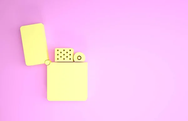 Ícone de isqueiro amarelo isolado no fundo rosa. Conceito de minimalismo. 3D ilustração 3D render — Fotografia de Stock