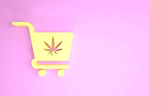 Geel Winkelwagen met marihuana of cannabis blad icoon geïsoleerd op roze achtergrond. Online kopen. Bezorgservice. Supermarktmandje. Minimalisme concept. 3d illustratie 3d renderen — Stockfoto