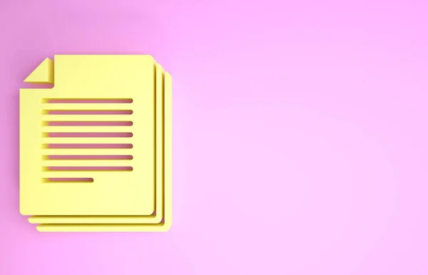 Жовтий значок документа ізольовано на рожевому фоні. Піктограма файла. Піктограма контрольного списку. Бізнес-концепція. Концепція мінімалізму. 3D ілюстрація 3D рендеринга — стокове фото
