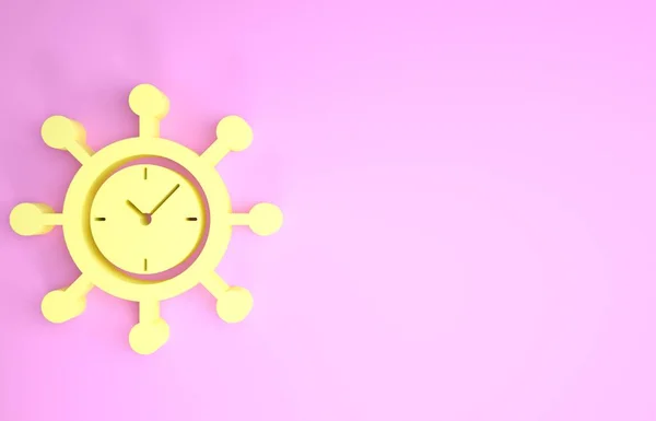 黄色时钟和齿轮图标孤立在粉红色的背景. 时间管理符号。 商业概念。 中心,轮毂和时钟坚实的图标. 最低纲领的概念。 3d说明3d — 图库照片