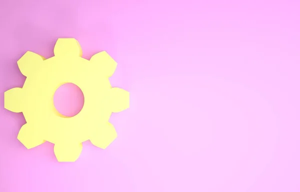 Ikona żółtego koła zębatego izolowana na różowym tle. Znak ustawień koła zębatego. Symbol trybika. Koncepcja minimalizmu. Ilustracja 3D 3D renderowania — Zdjęcie stockowe