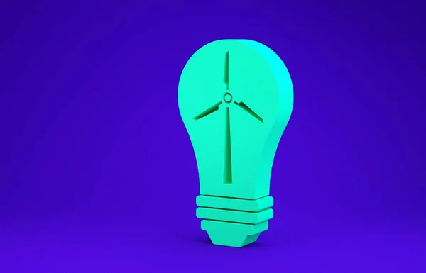 Lâmpada de luz verde com turbina eólica como ideia de eco amigável fonte de ícone de energia isolado no fundo azul. Conceito de energia alternativa. Conceito de minimalismo. 3D ilustração 3D render — Fotografia de Stock