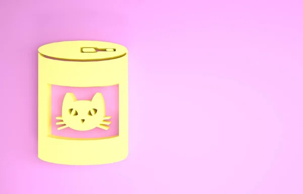 Żółta konserwa dla ikony kota izolowana na różowym tle. Jedzenie dla zwierząt. Puszka karmy dla psów. Koncepcja minimalizmu. Ilustracja 3d — Zdjęcie stockowe