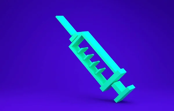 Значок зеленого шприца ізольовано на синьому фоні. Шприц для вакцинації, щеплення, ін'єкцій, грипу. Медичне обладнання. Концепція мінімалізму. 3D ілюстрація 3D рендеринга — стокове фото