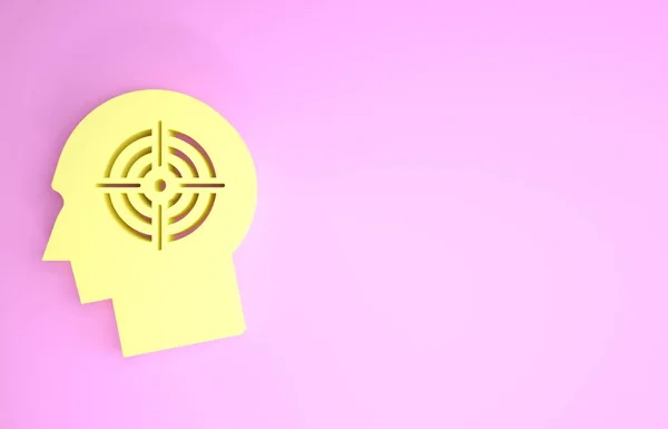 Желтая голова концепции охоты иконка изолированы на розовом фоне. Бизнес-цель или знак занятости. Человеческий ресурс и вербовка для бизнеса. Концепция минимализма. 3D-рендеринг — стоковое фото