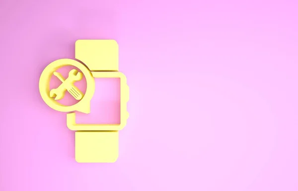 Reloj inteligente amarillo con destornillador e icono de llave inglesa aislado sobre fondo rosa. Ajuste, servicio, ajuste, mantenimiento, reparación, fijación. Concepto minimalista. 3D ilustración 3D render — Foto de Stock