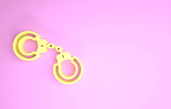 Amarillo Sexy esponjosas esposas icono aislado sobre fondo rosa. Esposas con piel. Accesorio fetichista. Tiendas de sexo para sádicos y masoquistas. Concepto minimalista. 3D ilustración 3D render — Foto de Stock