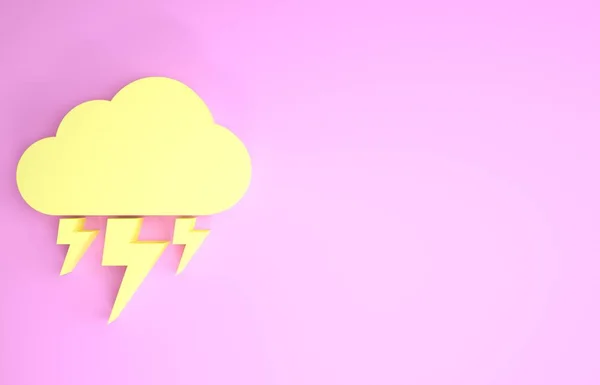 Gelbes Sturmsymbol isoliert auf rosa Hintergrund. Wolke und Blitz. Wetter-Ikone Sturm. Minimalismus-Konzept. 3D Illustration 3D Renderer — Stockfoto