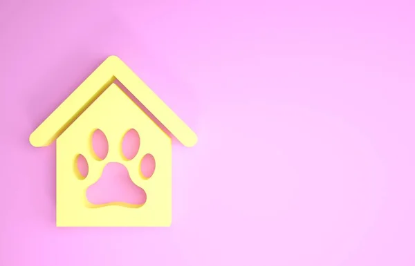 Rumah Anjing Kuning dan cakar cetak ikon hewan peliharaan terisolasi di latar belakang merah muda. Anjing kennel. Konsep minimalisme. Tampilan 3D ilustrasi 3d — Stok Foto