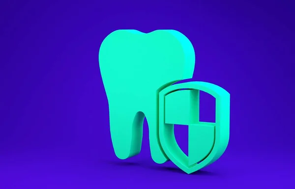 Icona protezione dentale verde isolata su sfondo blu. Dente sul logo dello scudo. Concetto minimalista. Illustrazione 3d rendering 3D — Foto Stock