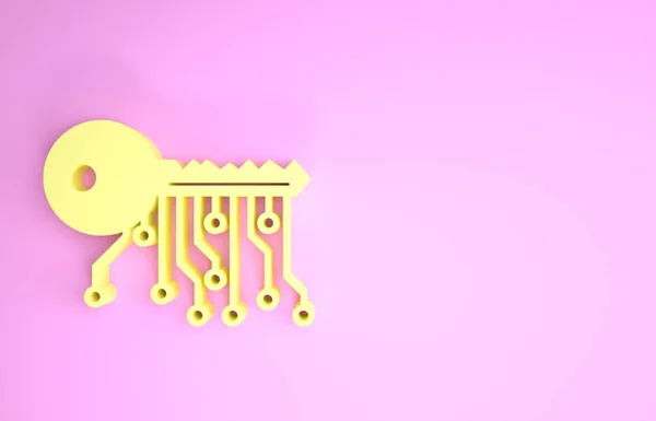 Gele Cryptogeld sleutel pictogram geïsoleerd op roze achtergrond. Concept van cyber security of private key, digitale sleutel met technologische interface. Minimalisme concept. 3d illustratie 3D renderen — Stockfoto