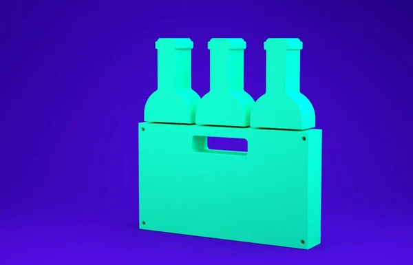 Green Bottles of wine in a wooden box icon isolated on blue background. Wine bottles in a wooden crate icon. Minimalism concept. 3d illustration 3D render — ストック写真