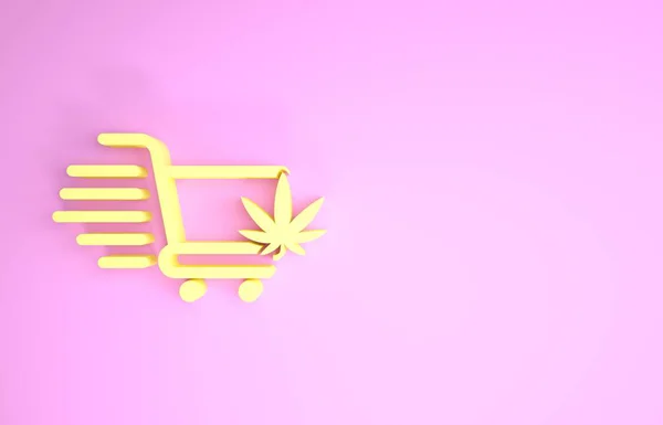 Carrito de compras amarillo con marihuana o icono de hoja de cannabis aislado sobre fondo rosa. Compra en línea. Servicio de entrega. Cesta del supermercado. Concepto minimalista. 3D ilustración 3D render — Foto de Stock