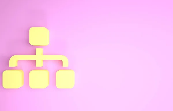 Gelbe Hierarchie Organogrammdiagramm Infografik Symbol isoliert auf rosa Hintergrund. Grafische Elemente der Unternehmensstruktur. Minimalismus-Konzept. 3D Illustration 3D Renderer — Stockfoto