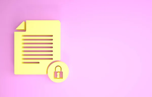Жовтий документ і значок блокування ізольовані на рожевому фоні. Формат і блокування файлів. Безпека, безпека, концепція захисту. Концепція мінімалізму. 3D ілюстрація 3D рендеринга — стокове фото