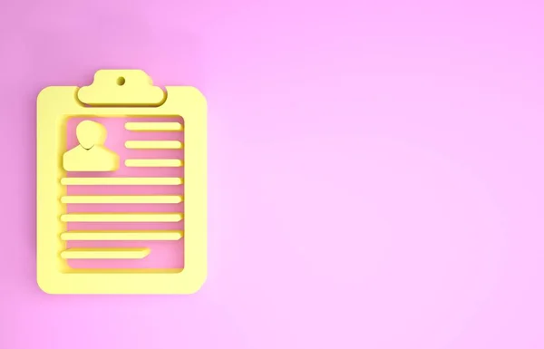 Área de transferência amarela com ícone de currículo isolado no fundo rosa. Aplicação CV. Currículo vitae, formulário de candidatura de emprego com foto de perfil. Conceito de minimalismo. 3D ilustração 3D render — Fotografia de Stock