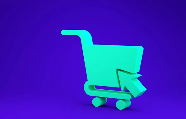 青の背景に隔離されたカーソルアイコンと緑のショッピングカート。オンライン購入の概念。配送サービスの看板。スーパーマーケットバスケットのシンボル。最小限の概念。3Dイラスト3Dレンダリング — ストック写真