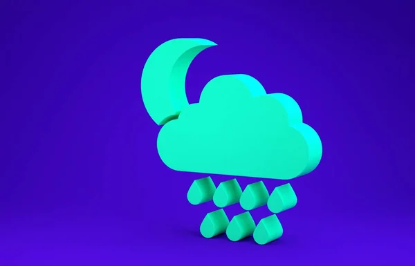 Green Cloud with rain and moon icon isolated on blue background. Rain cloud precipitation with rain drops. Minimalism concept. 3d illustration 3D render — Stock Photo, Image