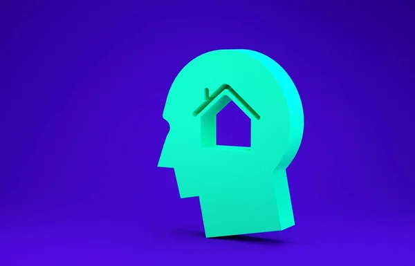 Green Man drömmer om att köpa en ny hus ikon isolerad på blå bakgrund. Minimalistiskt koncept. 3D-återgivning för 3D — Stockfoto
