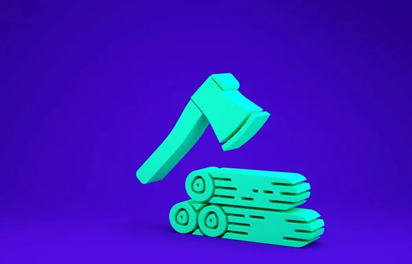 Eixo de madeira verde e ícone de madeira isolado no fundo azul. Machado de lenhador. Conceito de minimalismo. 3D ilustração 3D render — Fotografia de Stock