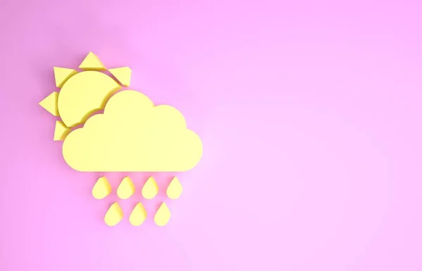 Nuvola gialla con pioggia e icona solare isolata su sfondo rosa. Pioggia precipitazioni nuvolose con gocce di pioggia. Concetto minimalista. Illustrazione 3d rendering 3D — Foto Stock