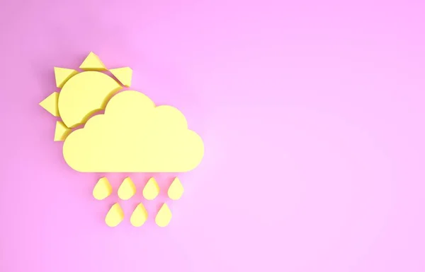 Nuvem amarela com ícone de chuva e sol isolado no fundo rosa. Precipitação de nuvens de chuva com gotas de chuva. Conceito de minimalismo. 3D ilustração 3D render — Fotografia de Stock