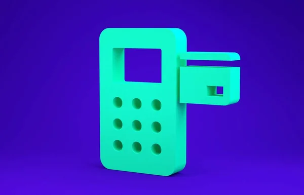 Термінал Green Pos з вставленою піктограмою кредитної картки ізольовано на синьому фоні. Операція платіжного терміналу. Концепція мінімалізму. 3D ілюстрація 3D рендеринга — стокове фото