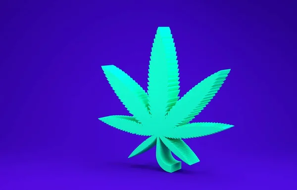 Icona verde della marijuana medica o della foglia di cannabis isolata su sfondo blu. Simbolo di canapa. Concetto minimalista. Illustrazione 3d rendering 3D — Foto Stock