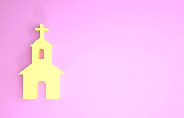 Gele kerk gebouw pictogram geïsoleerd op roze achtergrond. Christelijke Kerk. Religie van de kerk. Minimalisme concept. 3d illustratie 3D renderen — Stockfoto