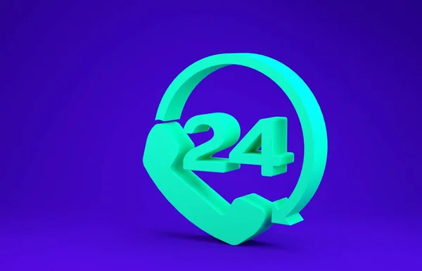 Green Telephone 24 ώρες εικόνα υποστήριξης απομονώνονται σε μπλε φόντο. Τηλεφωνικό κέντρο υποστήριξης πελατών όλη μέρα. Υπηρεσία τηλεφωνικών κλήσεων πλήρους απασχόλησης. Μινιμαλιστική έννοια. 3D απεικόνιση 3d καθιστούν — Φωτογραφία Αρχείου
