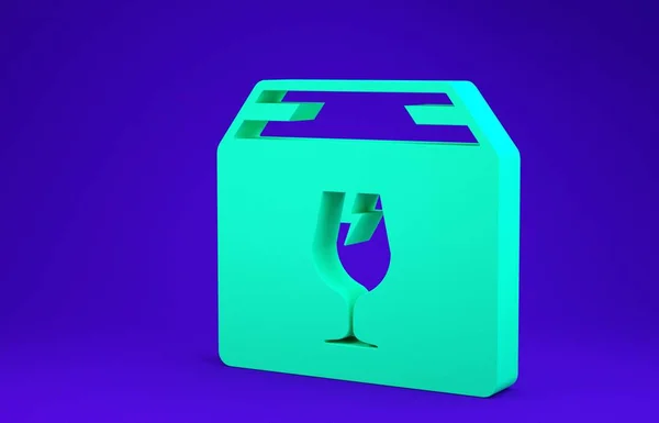 Green Delivery package box with fragile content symbol of broken glass icon isolated on blue background. Box, package, parcel sign. Minimalism concept. 3d illustration 3D render