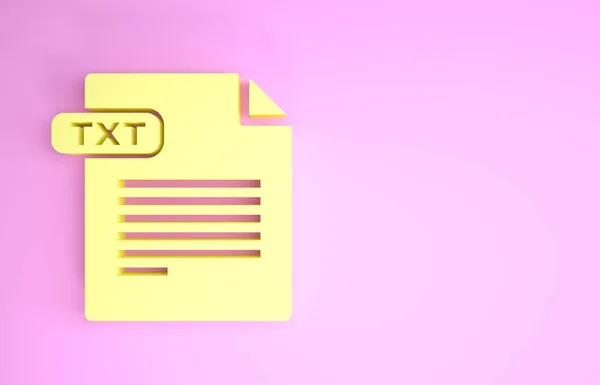 Yellow TXT file document. Download txt button icon isolated on pink background. Text file extension symbol. Minimalism concept. 3d illustration 3D render — 스톡 사진