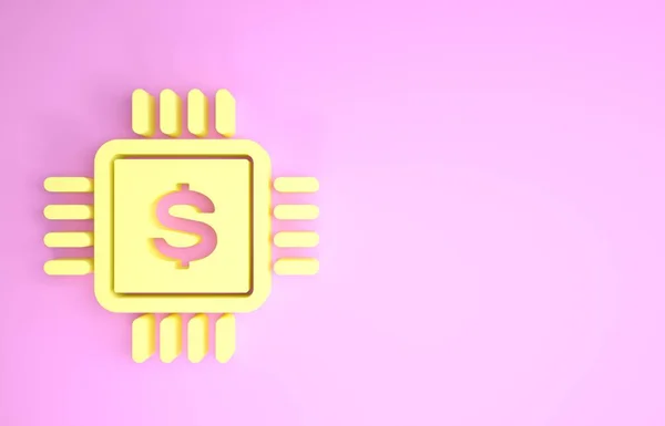 Yellow Processor chip with dollar icon isolated on pink background. CPU and a dollar sign. Minimalism concept. 3d illustration 3D render — Stock Photo, Image