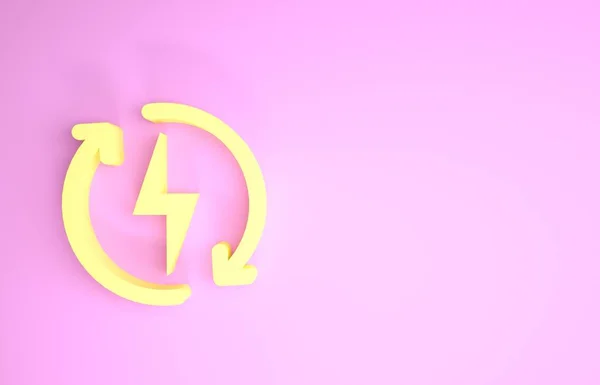 Κίτρινη επαναφορτιζόμενη εικόνα απομονωμένη σε ροζ φόντο. Πινακίδα ηλεκτρικής ενέργειας. Μινιμαλιστική έννοια. 3D απεικόνιση 3d καθιστούν — Φωτογραφία Αρχείου