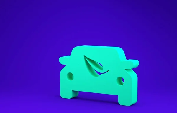 Концептуальний привід Green Eco car з піктограмою листя ізольовано на синьому фоні. Символ автомобіля зеленої енергії. Концепція мінімалізму. 3D ілюстрація 3D рендеринга — стокове фото