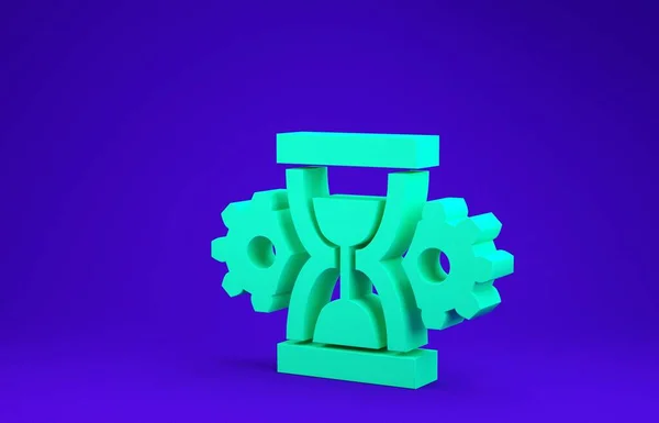青の背景に隔離されたグリーンの砂時計とギアアイコン。時間管理のシンボル。時計と歯車のアイコン。生産性のシンボル。最小限の概念。3Dイラスト3Dレンダリング — ストック写真