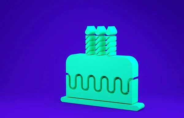 Groene cake met brandende kaarsen pictogram geïsoleerd op blauwe achtergrond. Gefeliciteerd met je verjaardag. Minimalisme concept. 3d illustratie 3D renderen — Stockfoto