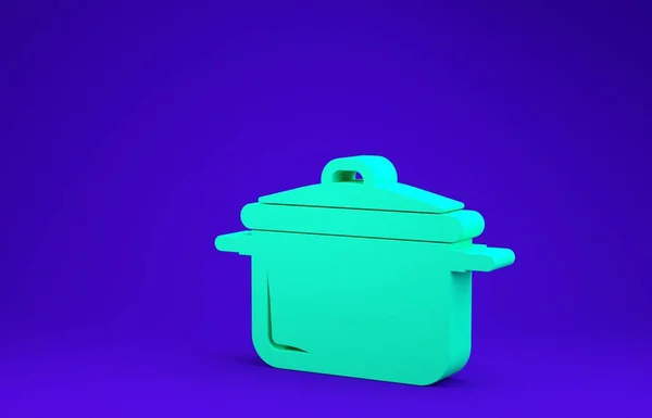 Иконка зеленого горшка выделена на синем фоне. Вскипятить или тушить пищевой символ. Концепция минимализма. 3D-рендеринг — стоковое фото