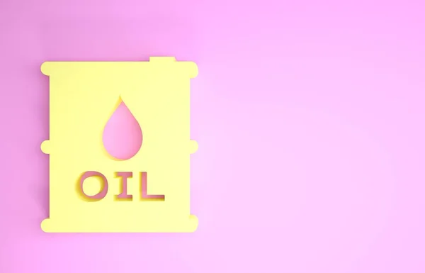 Ikon tong minyak kuning diisolasi pada latar belakang merah muda. Kontainer drum minyak. Untuk infografis, bahan bakar, industri, kekuasaan, ekologi. Konsep minimalisme. Tampilan 3D ilustrasi 3d — Stok Foto