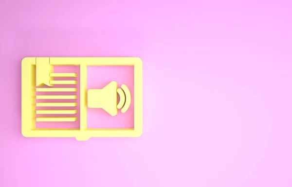 Icono de Audio Libro Amarillo aislado sobre fondo rosa. Signo de audio guía. Concepto de aprendizaje en línea. Concepto minimalista. 3D ilustración 3D render — Foto de Stock
